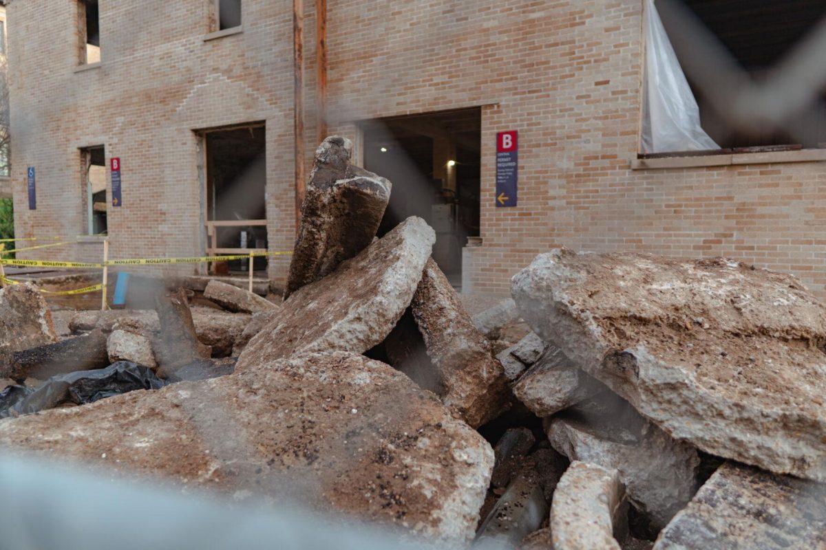 Large chunks of concrete sit next to the old pool on Tuesday, March 22, 2022, at the Huey P. Long Field House on Field House Drive in Baton Rouge, La.