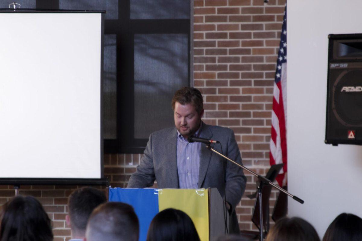 Daniel Tiirone addresses the crowd Friday, March 4, 2022 at the for the Ukraine supoort event at the LSU International Cultural Center on Dalrymple Drive in Baton Rouge, La.