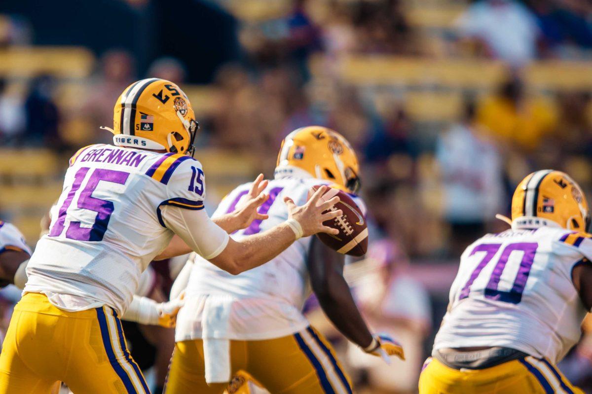 LSU football junior quarterback Myles Brennan (15) catches the ball Saturday, Sep. 26, 2020 during LSU's 44-24 loss against Mississippi State in Tiger Stadium.