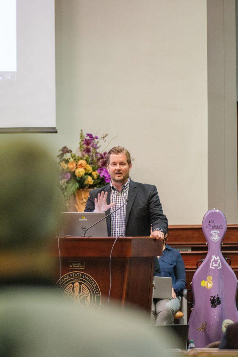 A Faculty Senator fields questions on a resolution on Thursday, March 24, 2022, inside the LSU Law Center on Highland Road in Baton Rouge, La.