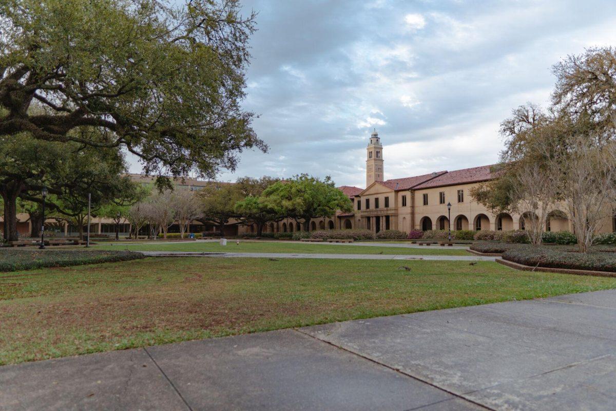 The Quad sits empty on Tuesday, March 22, 2022, after a rainstorm on LSU&#8217;s campus in Baton Rouge, La.