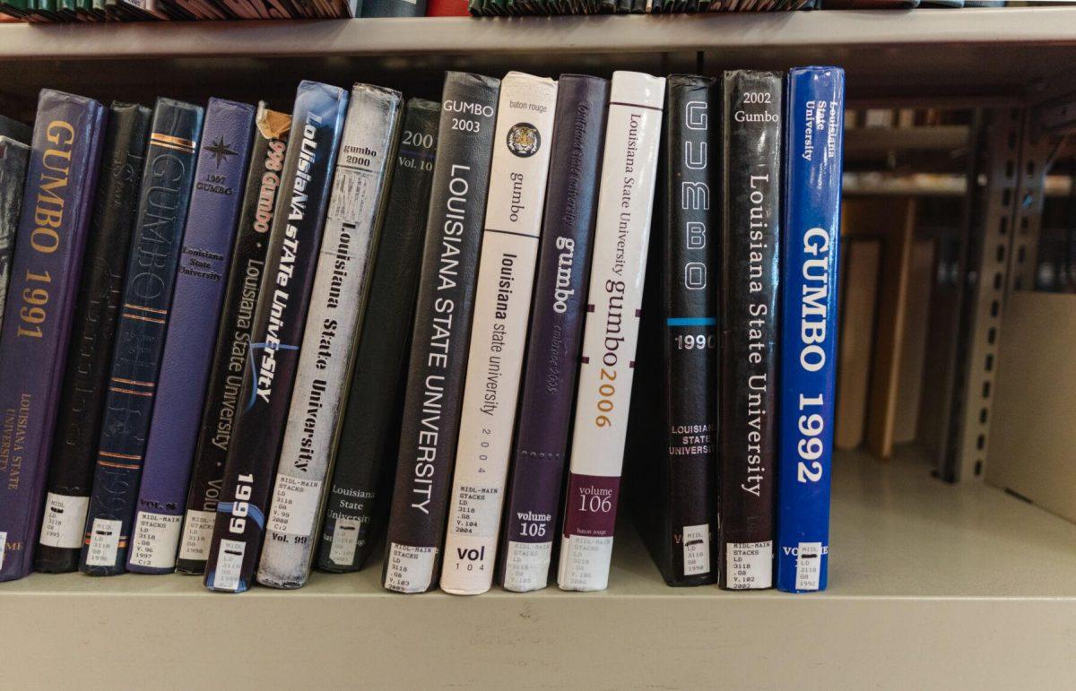 Several LSU Gumbo yearbooks sit on their shelf on Tuesday, March 8, 2022, inside the LSU Library in Baton Rouge, La.