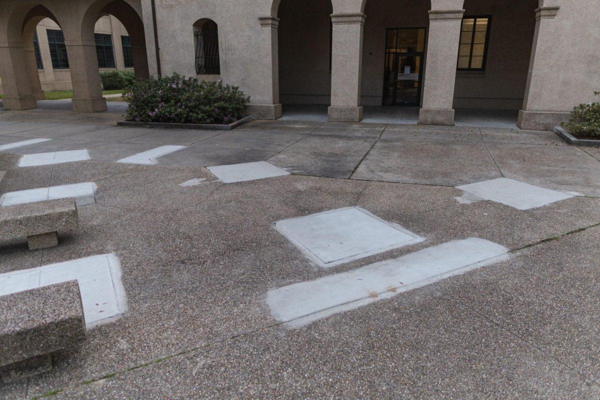 Many patches of new concrete dot the space on Monday, March 7, 2022, in the LSU Quad in Baton Rouge, La.