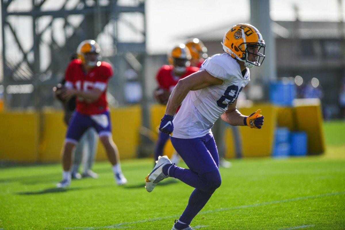 LSU football wide receiver Evan Francioni (88) runs to catch the ball from one of the quarterbacks Tuesday, March 29, 2022 during LSU's spring practice in Baton Rouge, La.