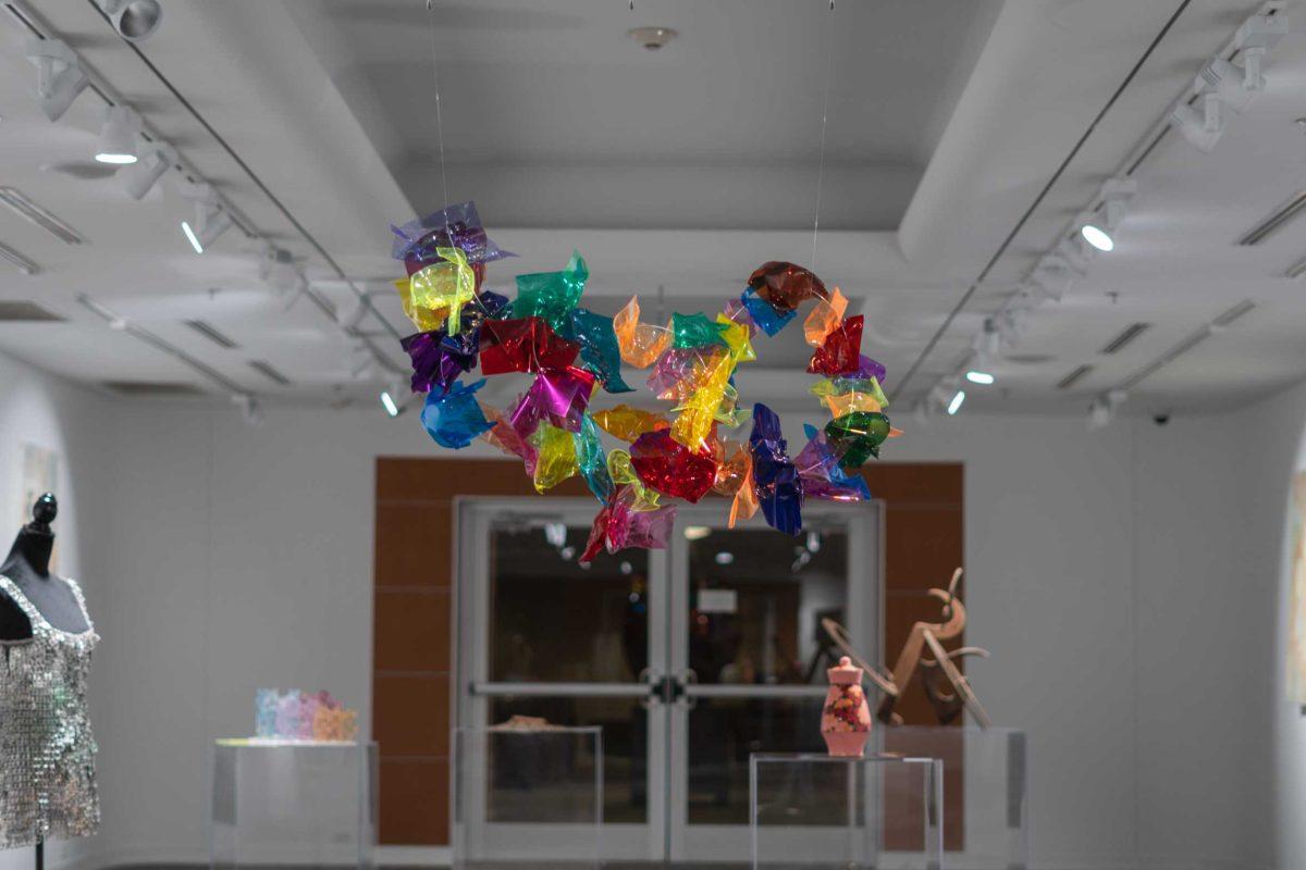 Cecelia Moseley&#8217;s artwork hangs from the ceiling on Thursday, March 3, 2022, as part of the Layers Group Exhibition in the LSU Student Union Art Gallery in Baton Rouge, La.