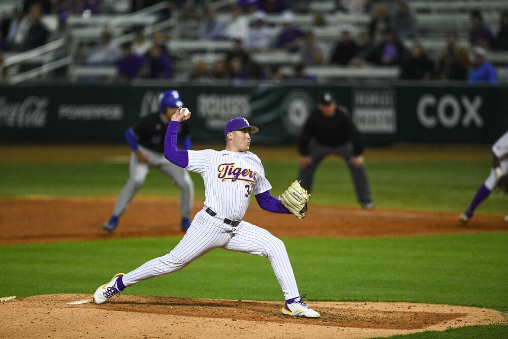 LSU baseball freshman right-handed pitcher Cale Lansville (34) pitches the ball Wednesday, March. 23, 2022 during LSU's 6-7 loss against Louisiana Tech at Alex Box Stadium on Gourrier Avenue in Baton Rouge, La.