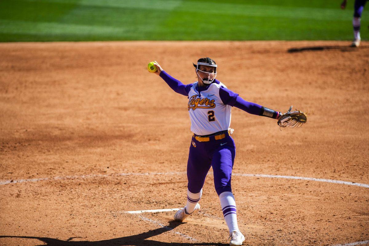 <p>LSU redshirt junior pitcher Ali Kilponen (2) pitches the ball Saturday, March 12, 2022 during LSU's 13-6 win against Alabama at Tiger Park in Baton Rouge, La.</p>