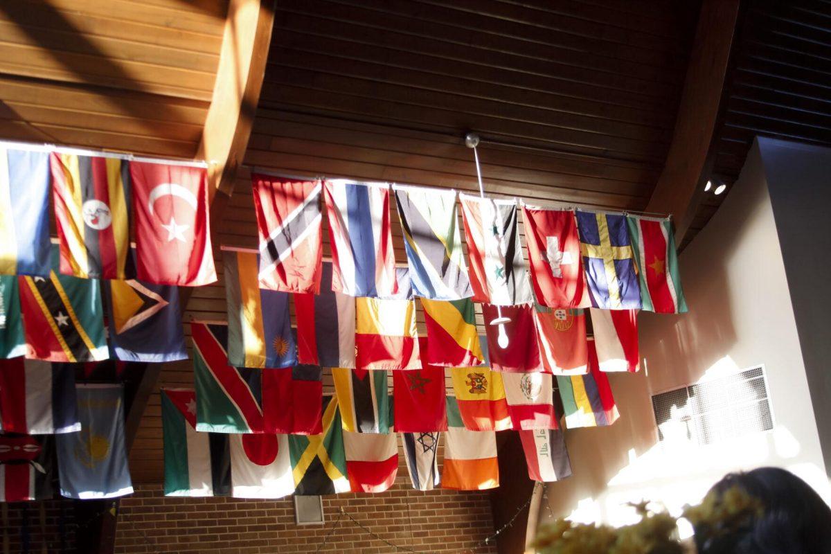 Different country flags hang on the ceiling Friday, March 4, 2022 at the for the Ukraine supoort event at the LSU International Cultural Center on Dalrymple Drive in Baton Rouge, La.