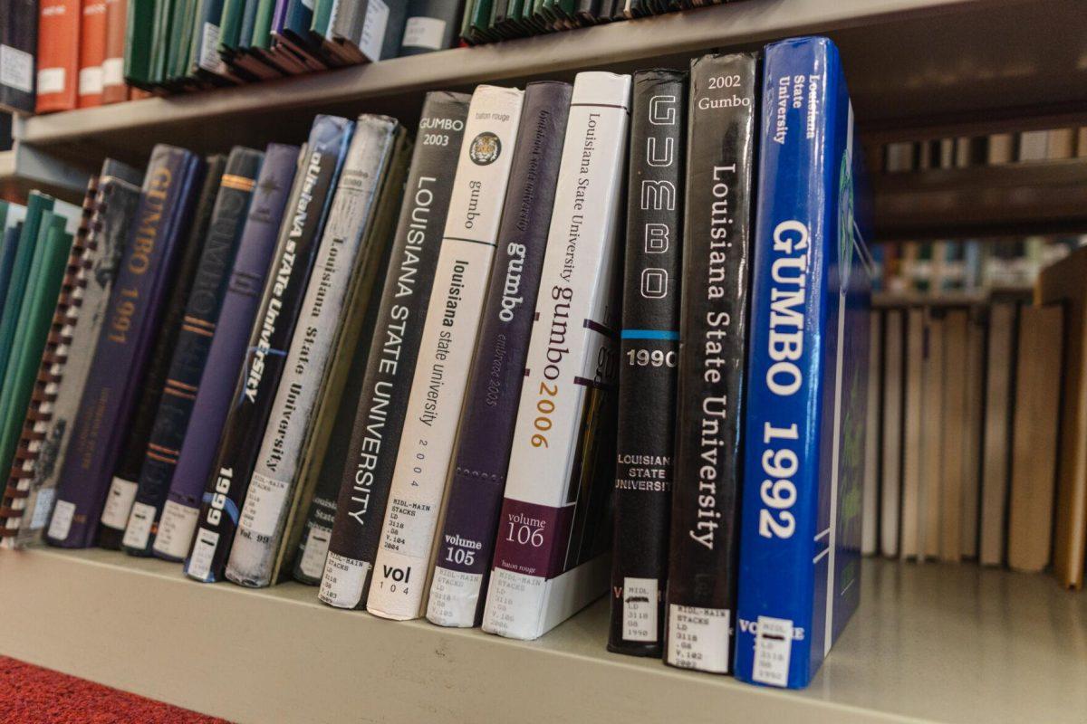 Several LSU Gumbo yearbooks sit on their shelf on Tuesday, March 8, 2022, inside the LSU Library in Baton Rouge, La.