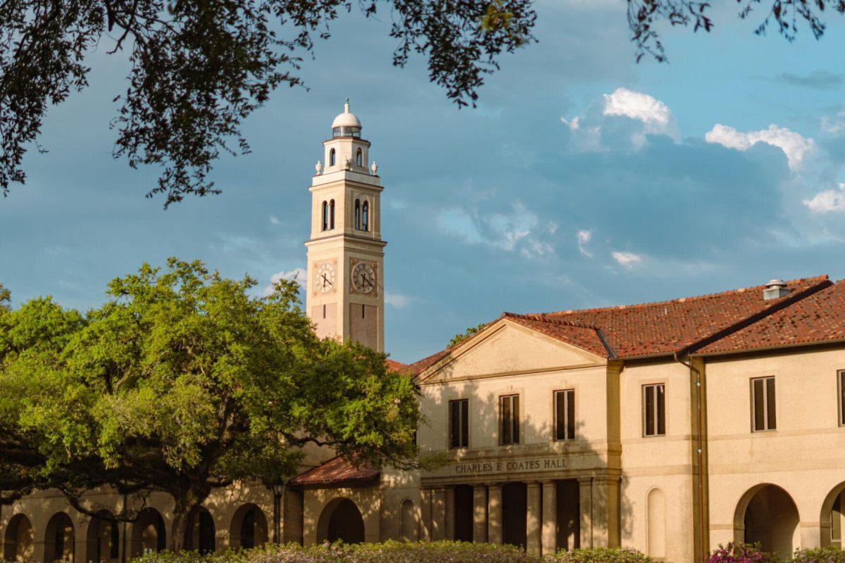 The Sun shines on the Quad and Memorial Tower on Tuesday, March 22, 2022, on LSU&#8217;s campus in Baton Rouge, La.