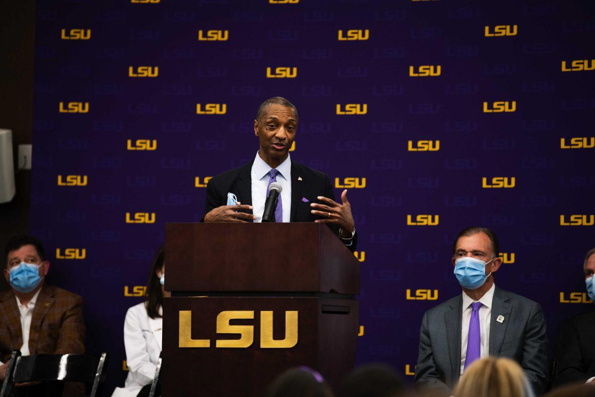 LSU president William F. Tate IV speaks at the Our Lady of the Lake and LCMC Health game-changing investment press conference Friday, Feb. 11, 2022, at the LSU Foundation Center for Philanthropy in Baton Rouge, La.