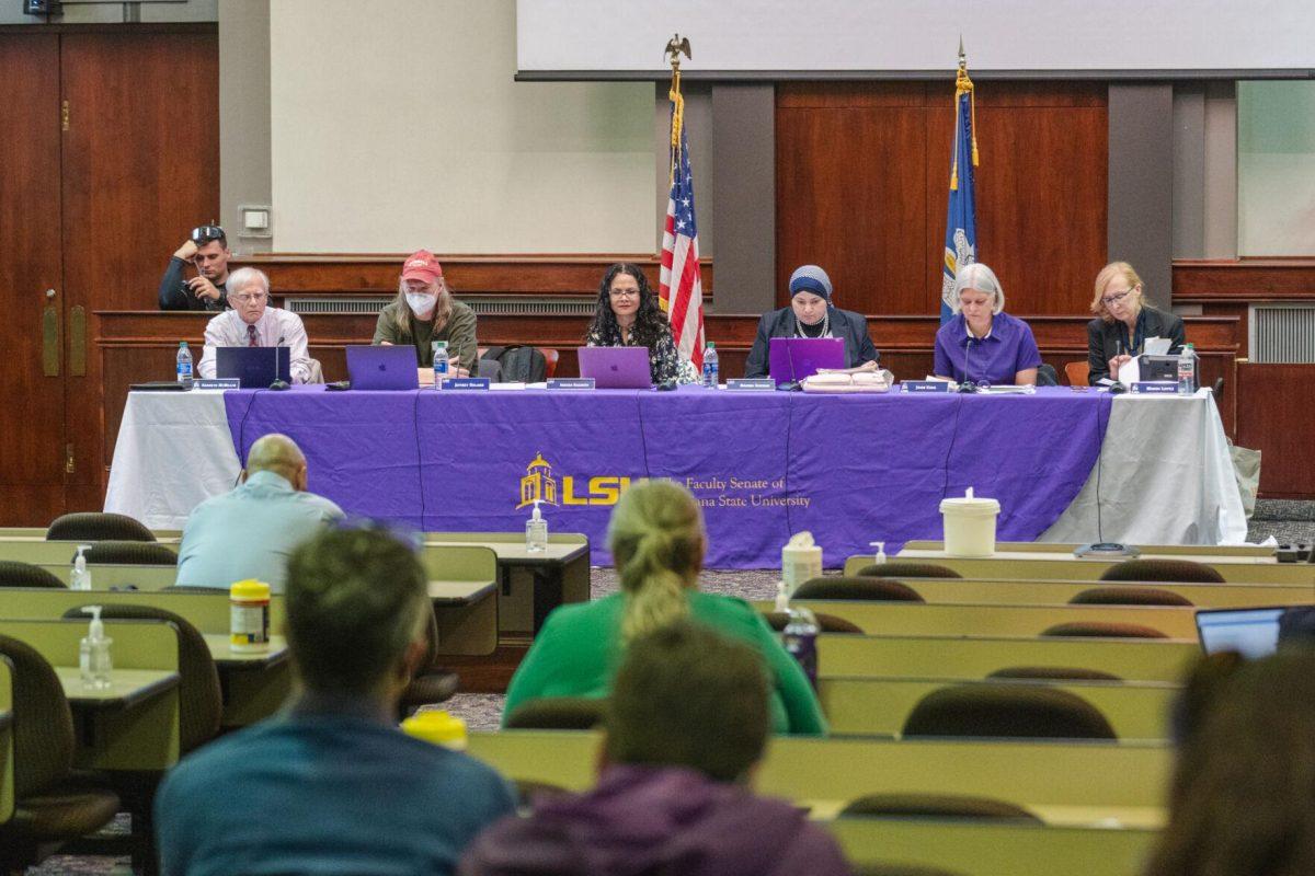 The LSU Faculty Senate Executive Committee listens to a resolution on Thursday, March 24, 2022, inside the LSU Law Center on Highland Road in Baton Rouge, La.