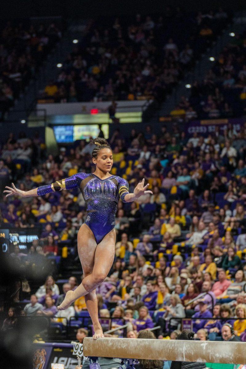 LSU gymnastics all-around sophomore Haleigh Bryant competes in the balance beam on Friday, March 4, 2022, during LSU gymnastics&#8217; 107.500-197.450 loss against Kentucky in the Pete Maravich Assembly Center on North Stadium Drive in Baton Rouge, La.