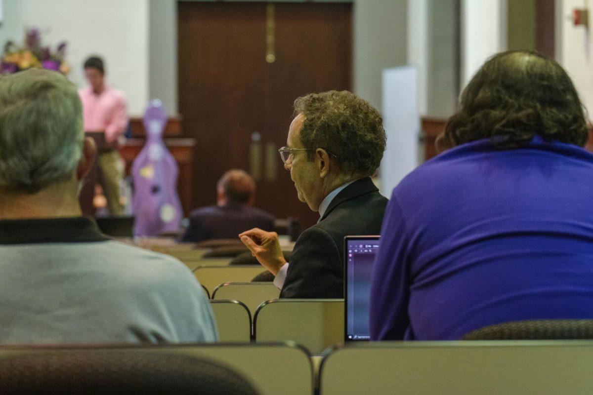 LSU Faculty Senator Stanley Wilder answers a question on Thursday, March 24, 2022, inside the LSU Law Center on Highland Road in Baton Rouge, La.