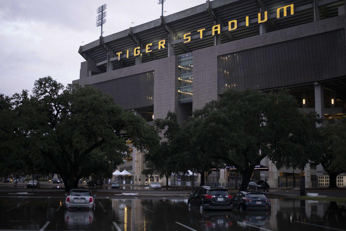 Wednesday, Sept. 15, 2021, during Tropical Depression Nicholas on LSU's campus in Baton Rouge, La.