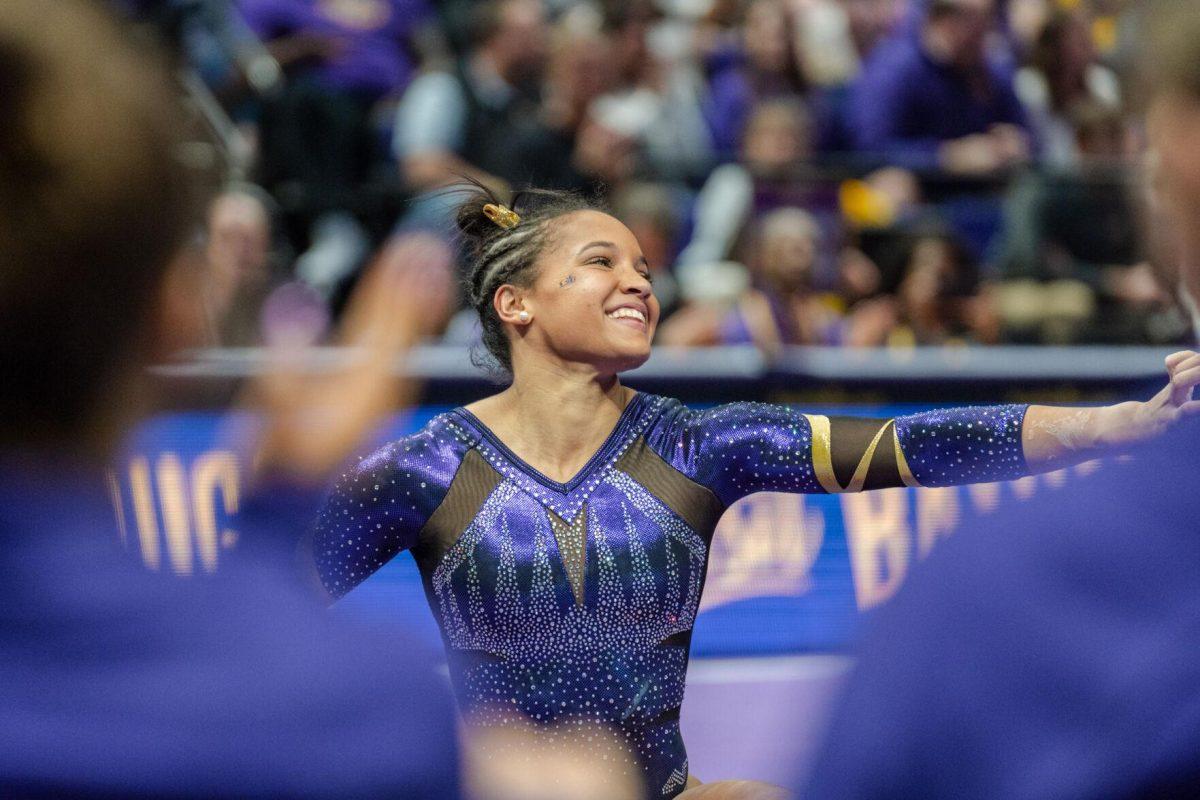 LSU gymnastics all-around sophomore Haleigh Bryant performs her floor exercise on Friday, March 4, 2022, during LSU gymnastics&#8217; 107.500-197.450 loss against Kentucky in the Pete Maravich Assembly Center on North Stadium Drive in Baton Rouge, La.