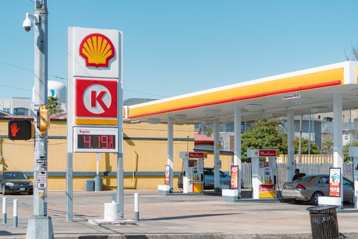 A sign displays the price of gasoline on Thursday, March 10, 2022, at a Shell station on Highland Road in Baton Rouge, La.