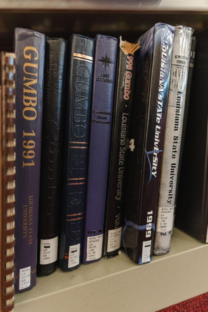 Several LSU Gumbo yearbooks sit on their shelf on Tuesday, March 8, 2022, inside the LSU Library in Baton Rouge, La.