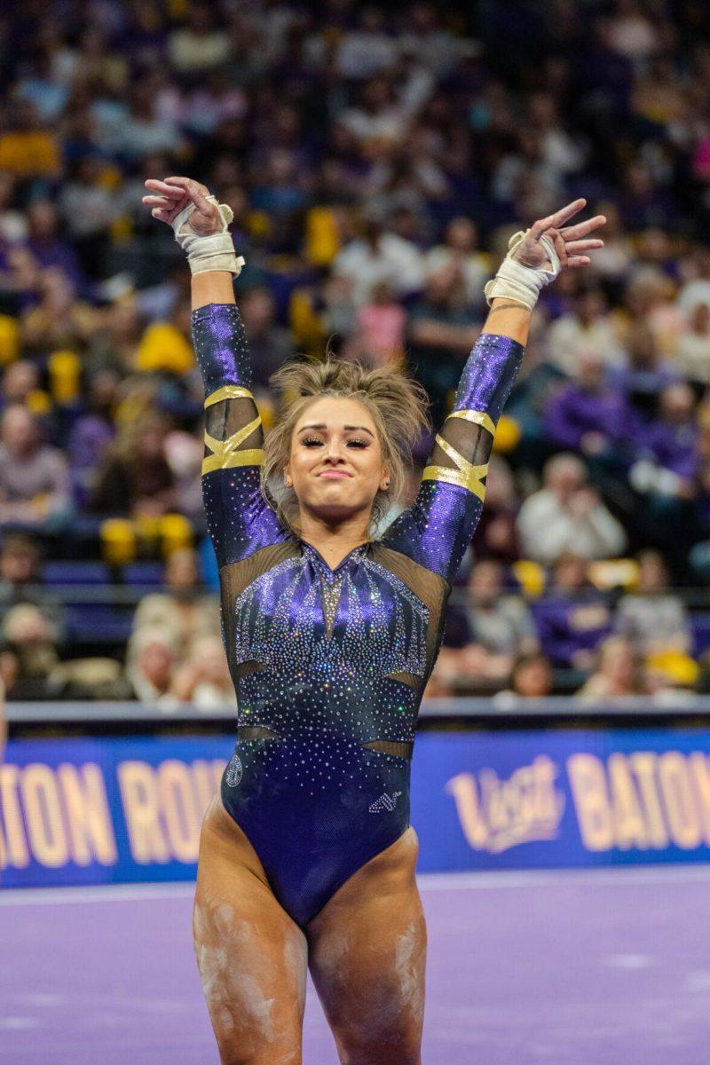 LSU gymnastics all-around freshman KJ Johnson lands her flip on Friday, March 4, 2022, during LSU gymnastics&#8217; 107.500-197.450 loss against Kentucky in the Pete Maravich Assembly Center on North Stadium Drive in Baton Rouge, La.