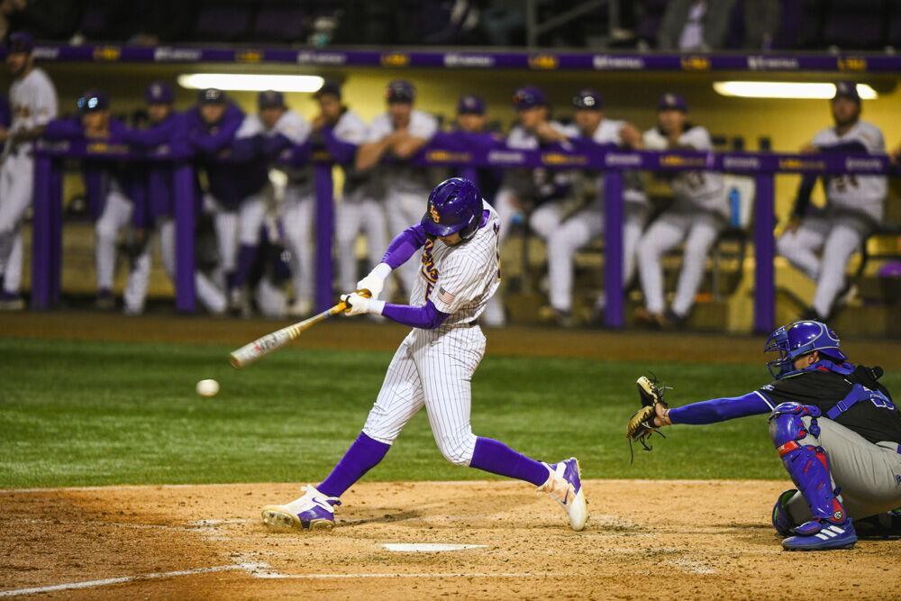 LSU baseball redshirt sophomore outfield/first base Brayden Jobert (6) hits a grounder towards first base Wednesday, March. 23, 2022 during LSU's 6-7 loss against Louisiana Tech at Alex Box Stadium on Gourrier Avenue in Baton Rouge, La.