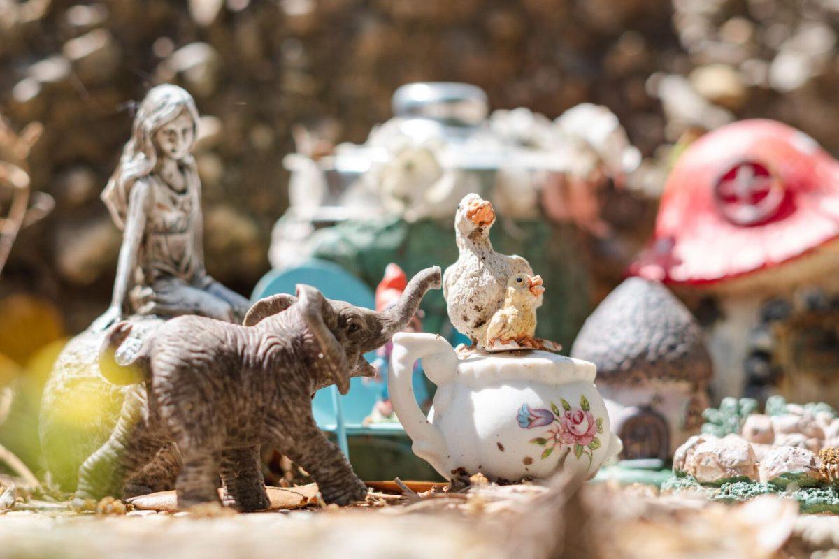 The resident elephant visits its goose pals on Thursday, March 24, 2022, in the Fairy Garden on LSU&#8217;s campus in Baton Rouge, La.