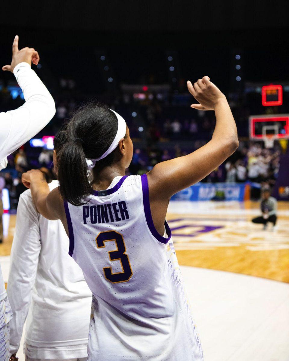 LSU women&#8217;s basketball graduate student guard Khayla Pointer (3) holds up the &#8220;L&#8221; for LSU one last time Monday, March 21, 2022, after LSU&#8217;s 64-79 loss against Ohio State in the second round of the NCAA women&#8217;s basketball tournament in the Pete Maravich Assembly Center on North Stadium Drive in Baton Rouge, La.