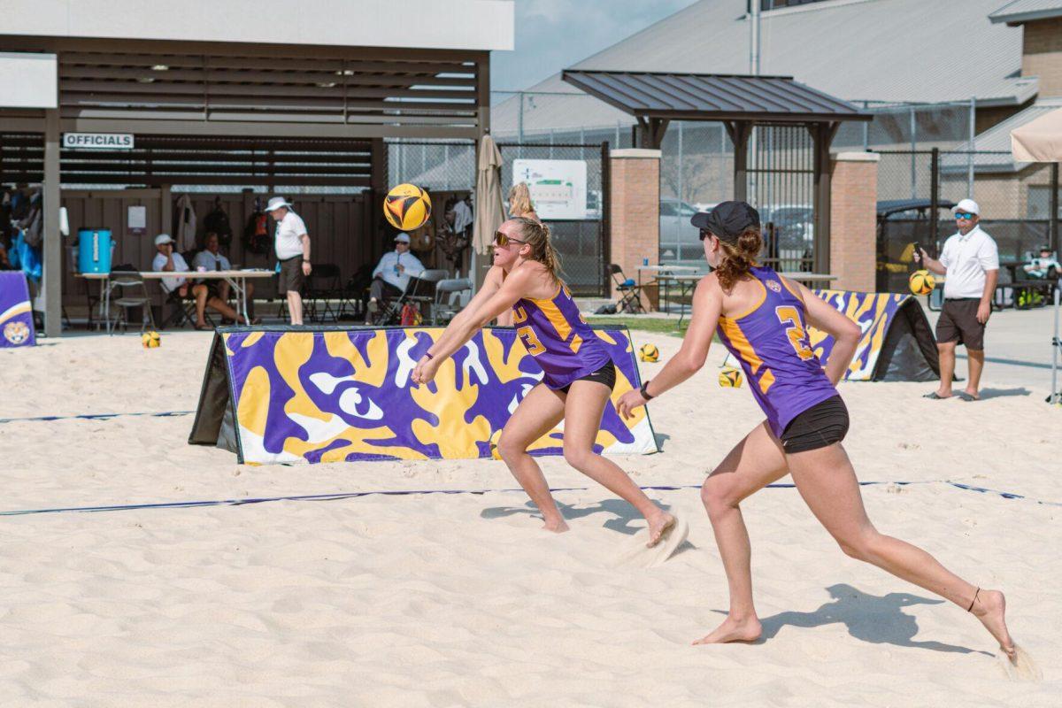 LSU beach volleyball junior Lara Boos (33) receives the serve on Sunday, March 6, 2022, during LSU&#8217;s 3-2 win over Loyola Marymount at the Beach Volleyball Stadium on Cypress Drive in Baton Rouge, La.