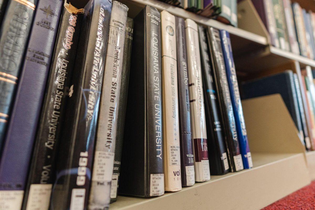 Several LSU Gumbo yearbooks sit on their shelf on Tuesday, March 8, 2022, inside the LSU Library in Baton Rouge, La.