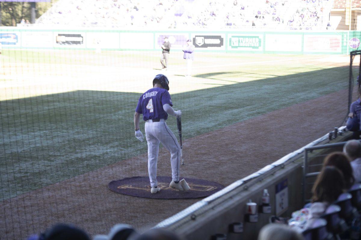 LSU sophomore infielder Cade Doughty (4) gets ready to bat Saturday, Feb. 19, 2022, during the Tigers' 17-8 win against the University of Maine at Alex Box Stadium in Baton Rouge, La.