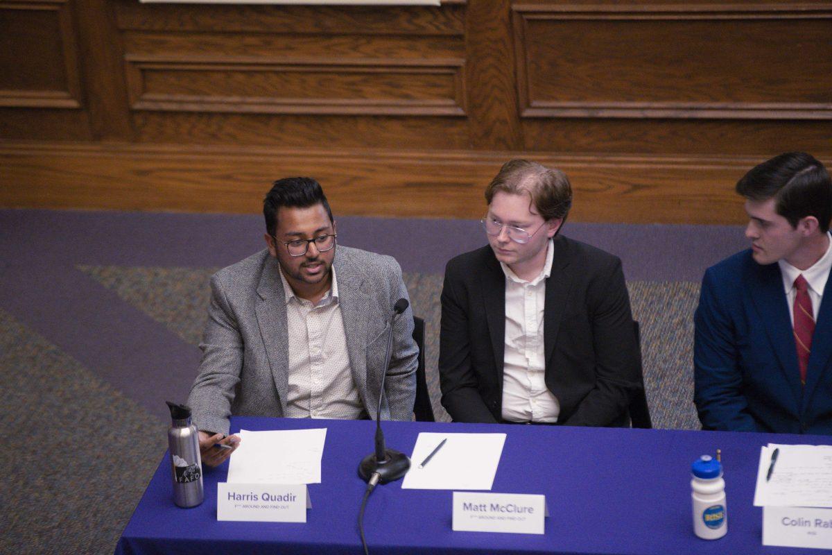 LSU student government F*** Around and Find Out presidential candidate Harris Quadir and vice presidential candidate Matt McClure represent their campaign Thursday, March 24, 2022, at the Student Government debate in the Journalism Building on LSU&#8217;s campus in Baton Rouge, LA.