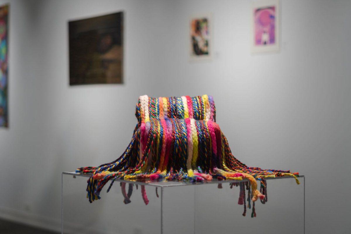 Lindsay Miller&#8217;s yarn-crafted art sits on a pedestal on Thursday, March 3, 2022, as part of the Layers Group Exhibition in the LSU Student Union Art Gallery in Baton Rouge, La.