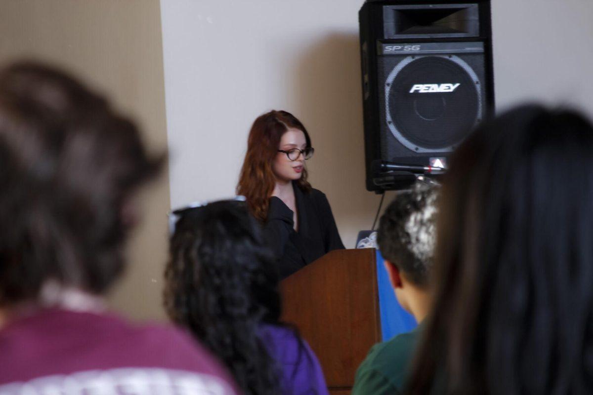 Daria Antonovskaya speaks to the crowd Friday, March 4, 2022 at the for the Ukraine supoort event at the LSU International Cultural Center on Dalrymple Drive in Baton Rouge, La.