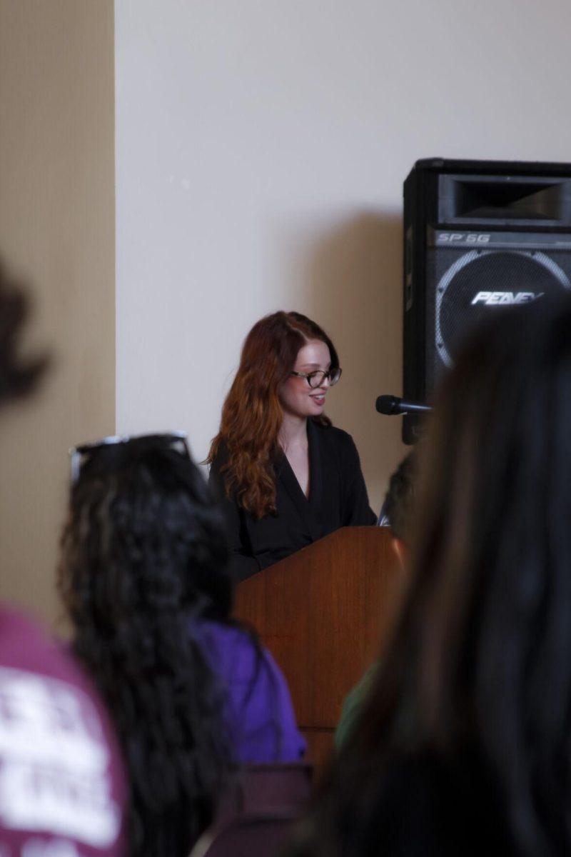 Daria Antonovskaya speaks to the crowd Friday, March 4, 2022 at the for the Ukraine supoort event at the LSU International Cultural Center on Dalrymple Drive in Baton Rouge, La.