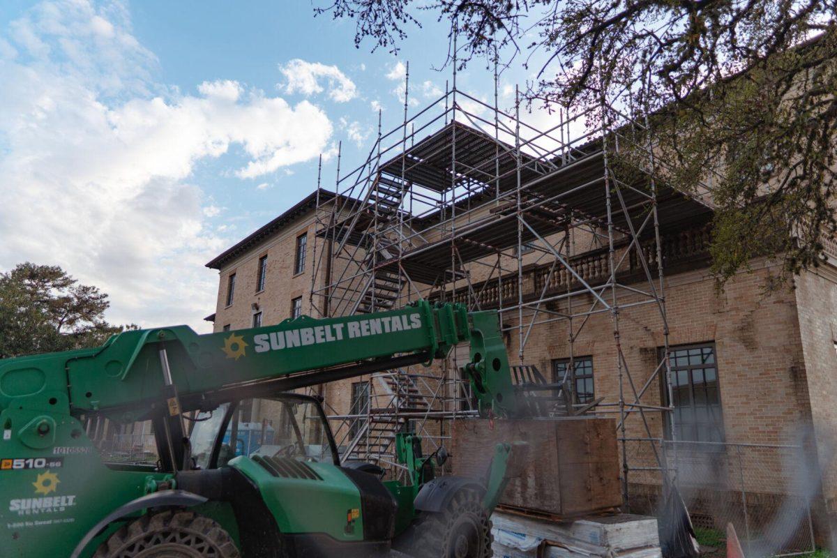 Scaffolding rises up next to the building on Tuesday, March 22, 2022, at the Huey P. Long Field House on Field House Drive in Baton Rouge, La.