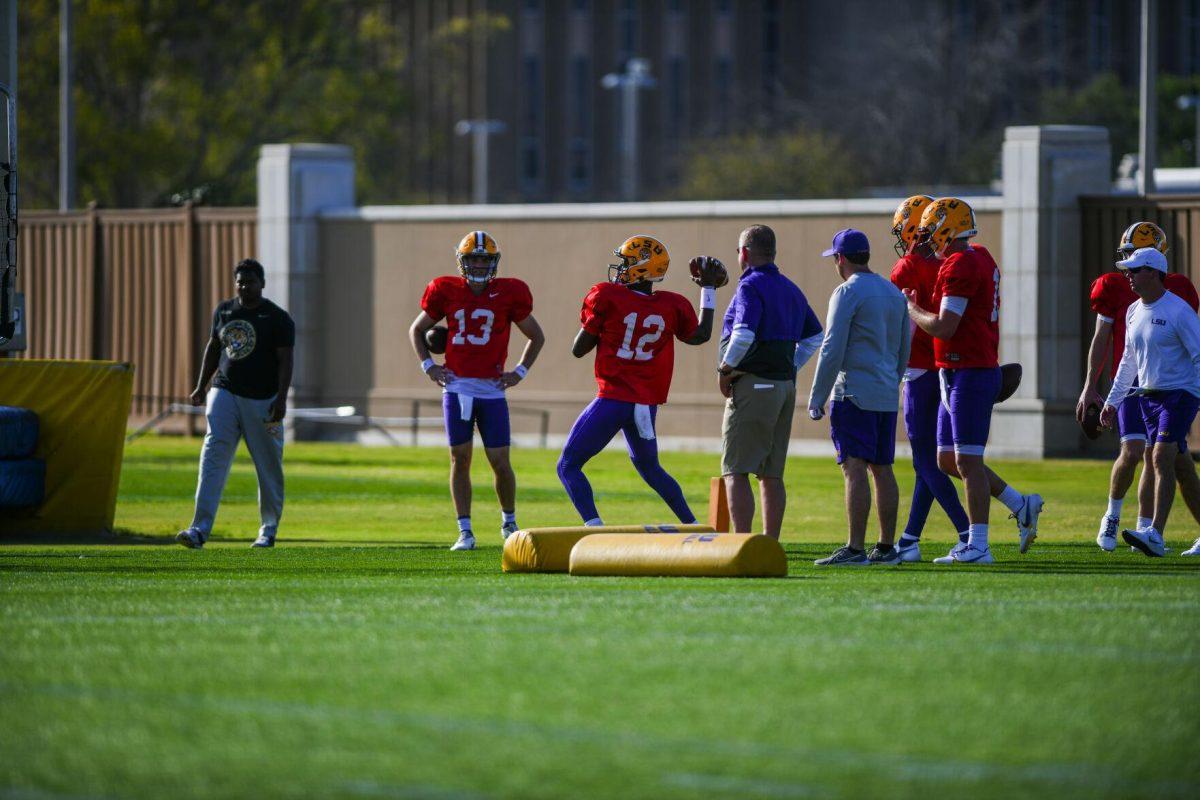 LSU football quarterback redshirt freshman Tavion Faulk (12) works on a drill Tuesday, March 29, 2022 during LSU's spring practice in Baton Rouge, La.