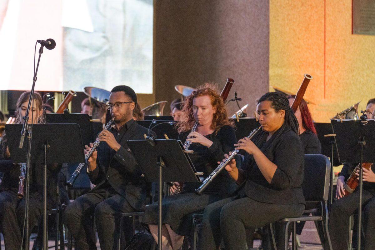 The band plays a final song on Thursday, April 7, 2022, during the LSU Memorial Tower Museum ceremony on Tower Drive in Baton Rouge, La.