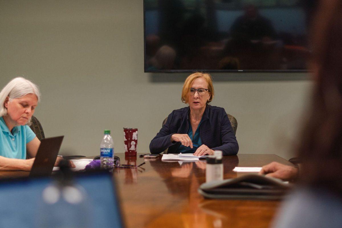 LSU Faculty Senate President Mandi Lopez speaks at the meeting on Wednesday, April 20, 2022, inside the LSU Student Union on Highland Road in Baton Rouge, La.