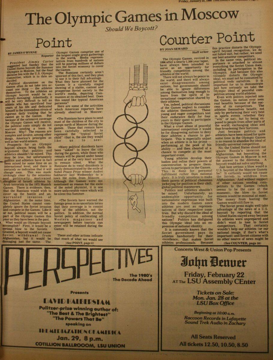 Dueling columns of the Jan. 25, 1980 head-to-head arguing the boycotting of the 1980 Moscow Olympics.