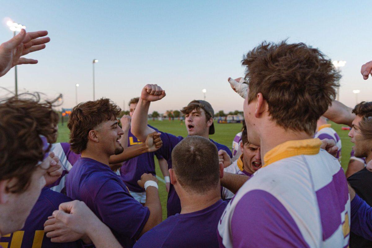 The LSU Rugby team gathers for a cheer on Friday, April 8, 2022, prior to their match against Tulane at the UREC Fields on Gourrier Avenue in Baton Rouge, La.