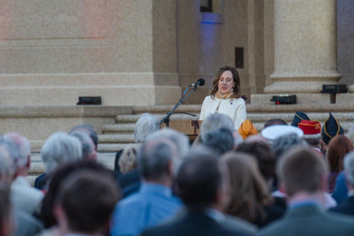 Ms. Brookshire speaks on Thursday, April 7, 2022, during the LSU Memorial Tower Museum ceremony on Tower Drive in Baton Rouge, La.