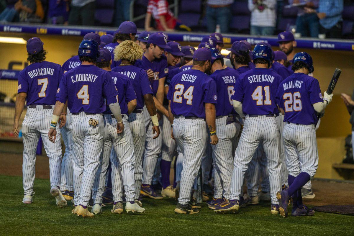 The LSU baseball team celebrates a home run Tuesday, April 19, 2022, against University of Louisiana Lafayette at Alex Box Stadium on Gourrier Avenue in Baton Rouge, La.