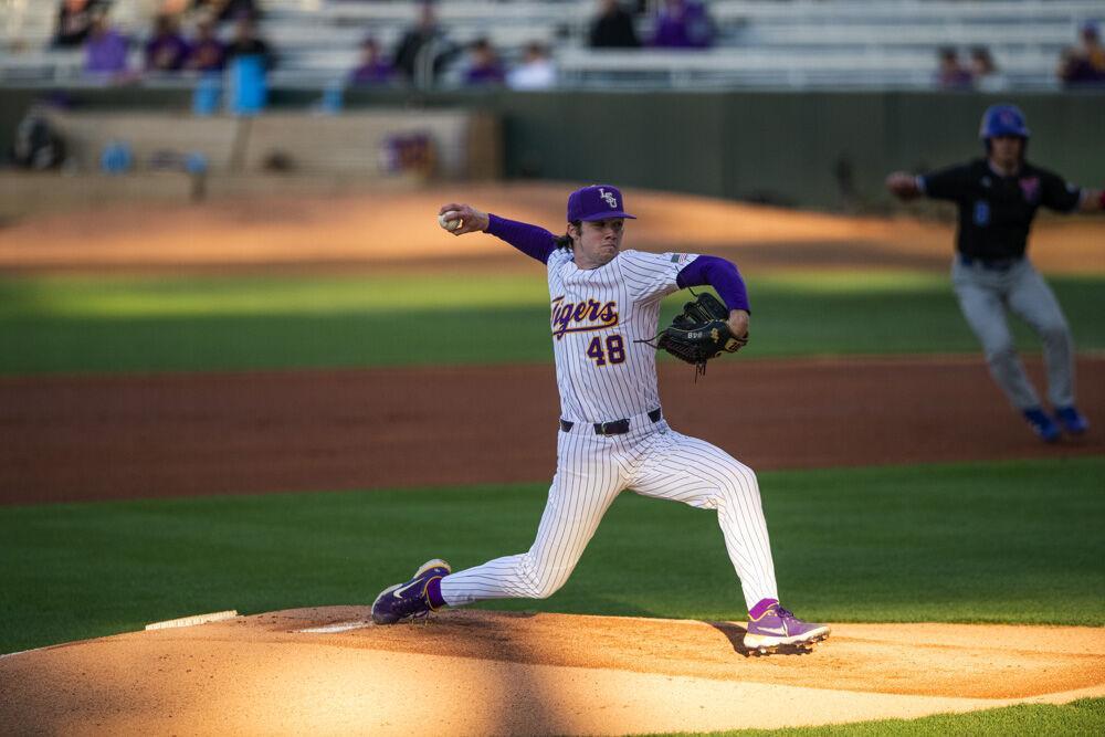 LSU baseball sophomore right-handed pitcher Will Hellmers (48) pitches the ball Wednesday, March. 23, 2022 during LSU's 6-7 loss against Louisiana Tech at Alex Box Stadium on Gourrier Avenue in Baton Rouge, La.