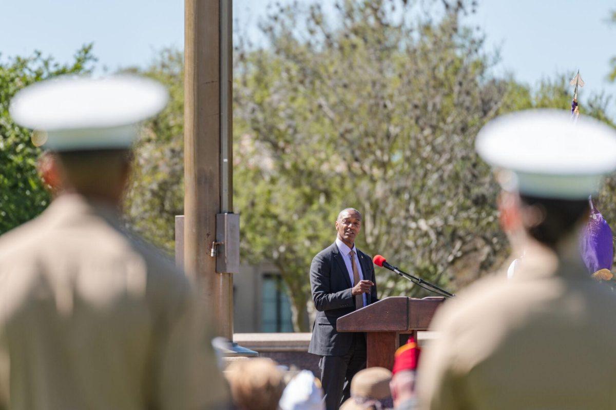 President Tate makes some remarks on Thursday, April 7, 2022, at the change of command ceremony on the LSU Parade Ground on Highland Road in Baton Rouge, La.