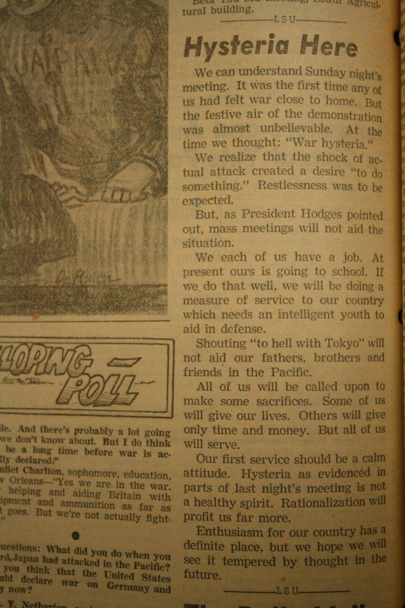 Article from the Dec. 9, 1941, issue of the Reveille entitled "Hysteria Here" in response to the Japanese bombing of Pearl Harbor on Dec. 7.