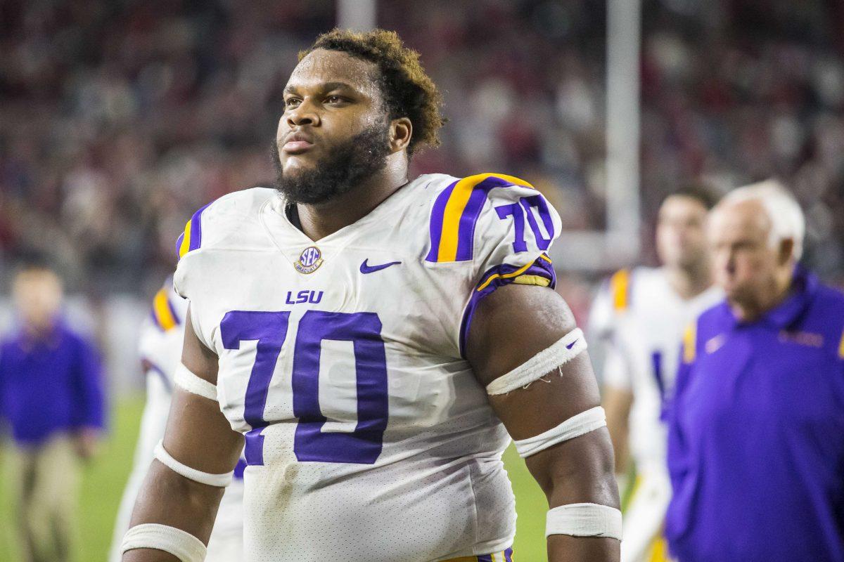 LSU offensive lineman Ed Ingram (70) walks off the field after a loss to Alabama in an NCAA college football game, Saturday, Nov. 6, 2021, in Tuscaloosa, Ala. (AP Photo/Vasha Hunt)