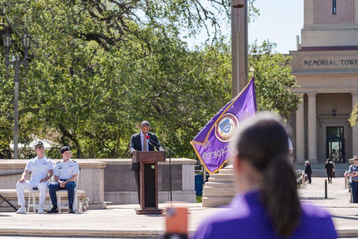 President Tate makes some remarks on Thursday, April 7, 2022, at the change of command ceremony on the LSU Parade Ground on Highland Road in Baton Rouge, La.