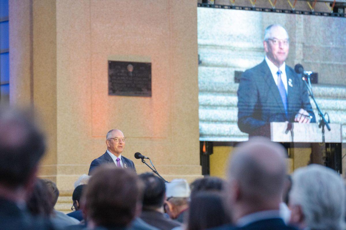 Governor John Bel Edwards makes the closing remarks on Thursday, April 7, 2022, during the LSU Memorial Tower Museum ceremony on Tower Drive in Baton Rouge, La.