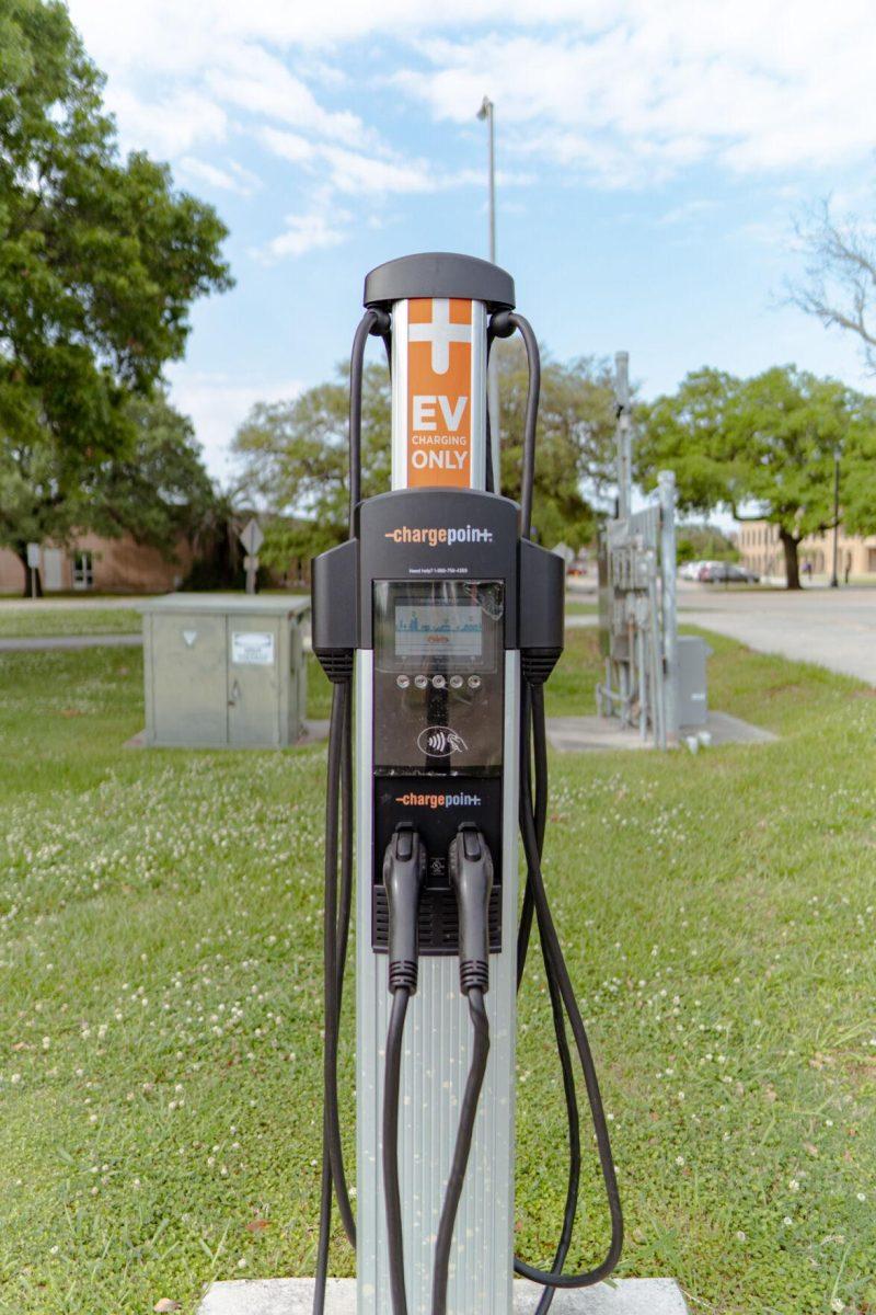 An electric vehicle charging station sits on Sunday, April 17, 2022, in the South Quad Drive parking lot in Baton Rouge, La.