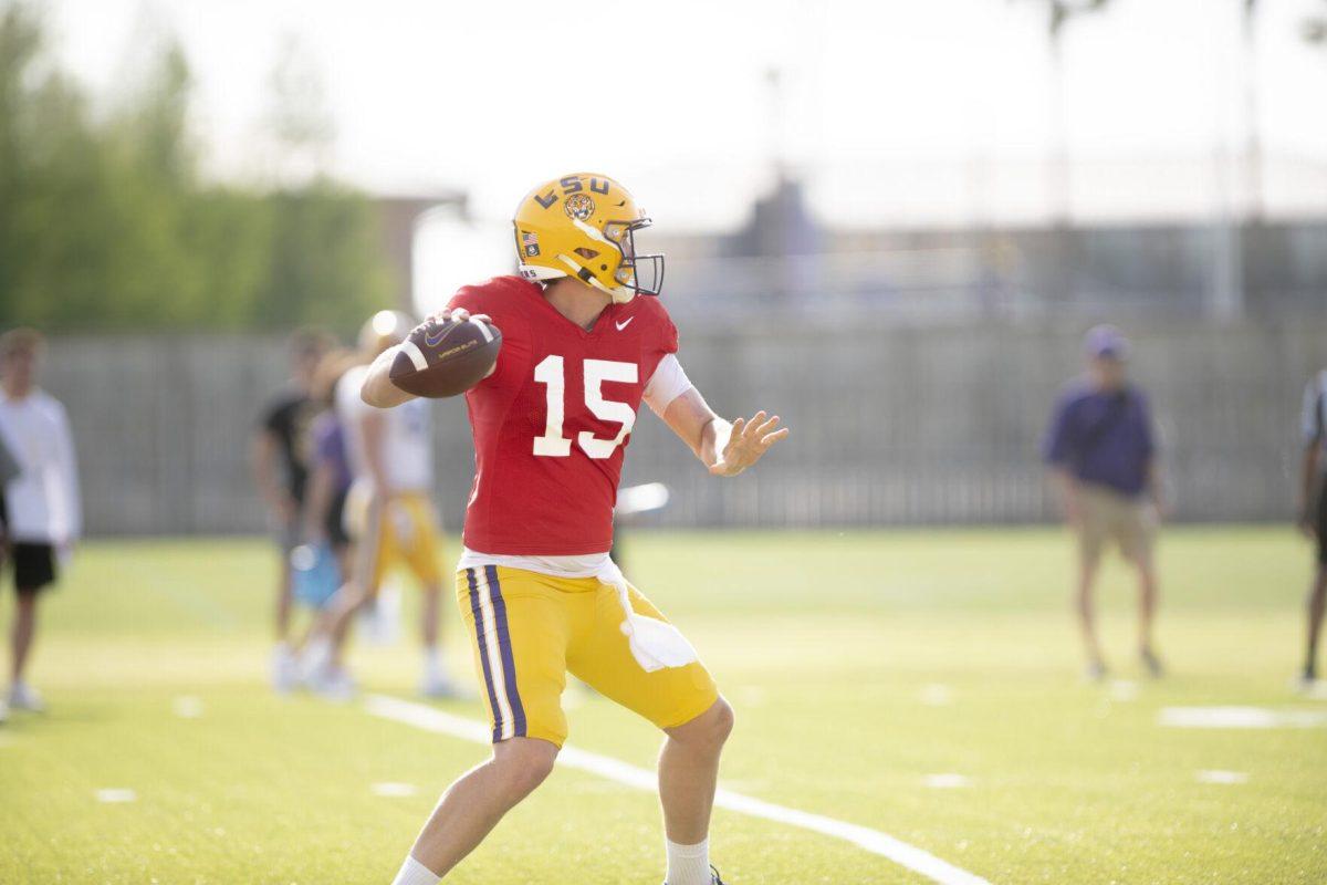 LSU football quarterback Myles Brennan (15) prepares to pass the ball Thursday, April 21, 2022, during LSU&#8217;s spring practice in Baton Rouge, Louisiana.