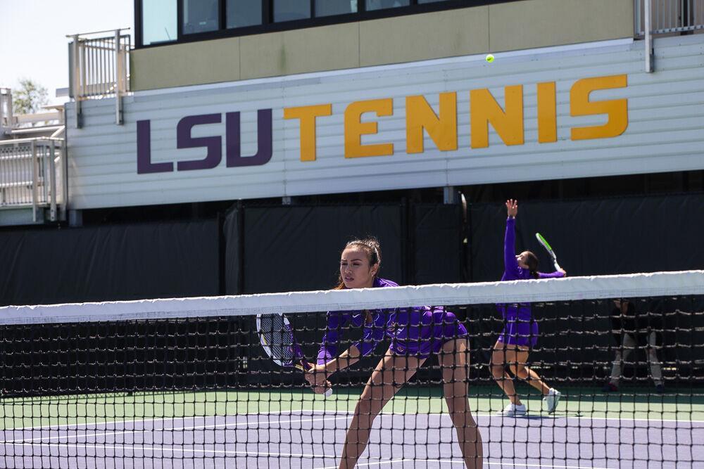 LSU women&#8217;s tennis graduate student Taylor Bridges waits for the opponent to return the ball Friday, April 8, 2022, during LSU&#8217;s 7-0 loss against Texas A&amp;M in the LSU Tennis Complex on Gourrier Avenue in Baton Rouge.